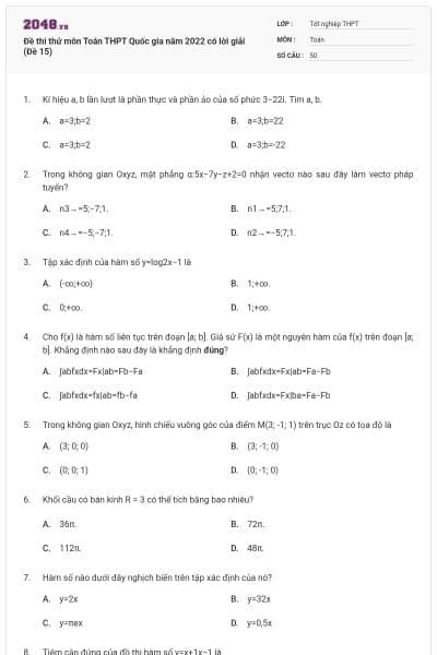 Đề thi thử môn Toán THPT Quốc gia năm 2022 có lời giải (Đề 15)