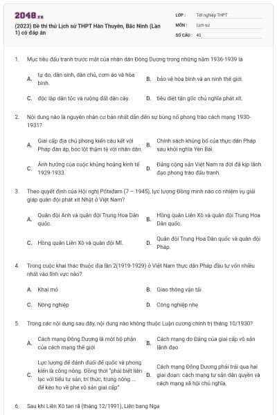 (2023) Đề thi thử Lịch sử THPT Hàn Thuyên, Bắc Ninh (Lần 1) có đáp án