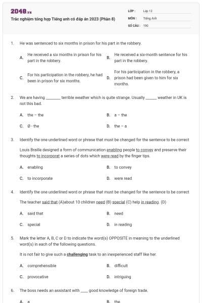 Trắc nghiệm tổng hợp Tiếng anh có đáp án 2023 (Phần 8)
