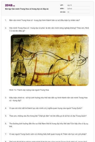 Bài tập Văn minh Trung Hoa cổ trung đại có đáp án