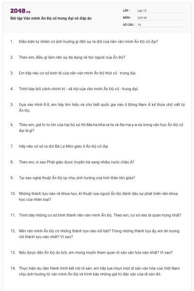 Bài tập Văn minh Ấn Độ cổ trung đại có đáp án
