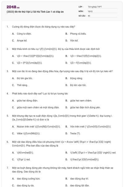 (2023) Đề thi thử Vật Lí Sở Hà Tĩnh Lần 1 có đáp án