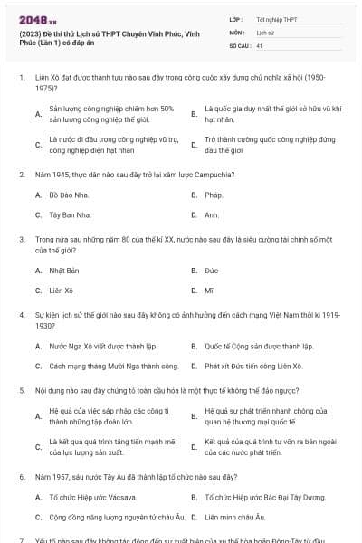 (2023) Đề thi thử Lịch sử THPT Chuyên Vĩnh Phúc, Vĩnh Phúc (Lần 1) có đáp án