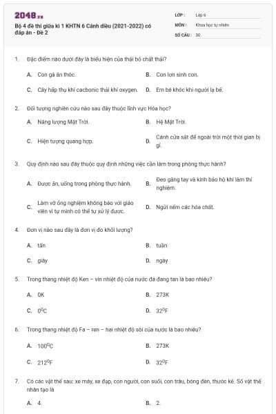 Bộ 4 đề thi giữa kì 1 KHTN 6 Cánh diều (2021-2022) có đáp án - Đề 2