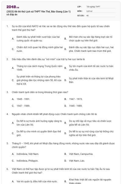 (2023) Đề thi thử Lịch sử THPT Yên Thế, Bắc Giang (Lần 1) có đáp án