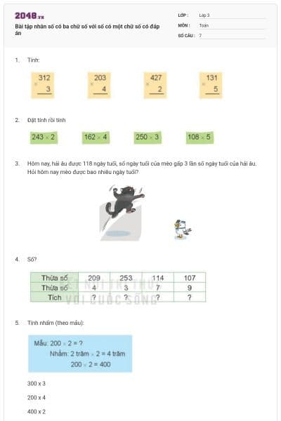 Bài tập nhân số có ba chữ số với số có một chữ số có đáp án
