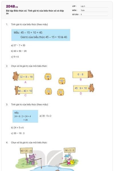 Bài tập Biểu thức số. Tính giá trị của biểu thức số có đáp án