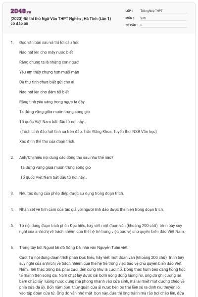 (2023) Đề thi thử Ngữ Văn THPT Nghèn , Hà Tĩnh (Lần 1) có đáp án