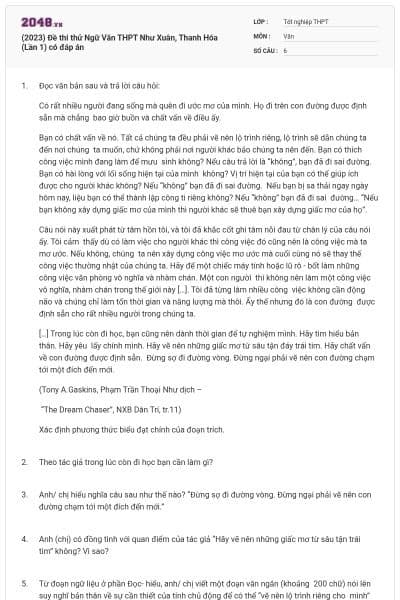 (2023) Đề thi thử Ngữ Văn THPT Như Xuân, Thanh Hóa (Lần 1) có đáp án