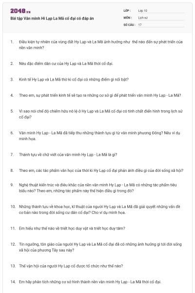 Bài tập Văn minh Hi Lạp La Mã cổ đại có đáp án