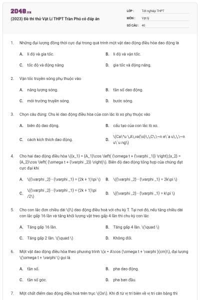 (2023) Đề thi thử Vật Lí THPT Trần Phú có đáp án