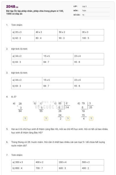Bài tập Ôn tập phép nhân, phép chia trong phạm vi 100, 1000 có đáp án