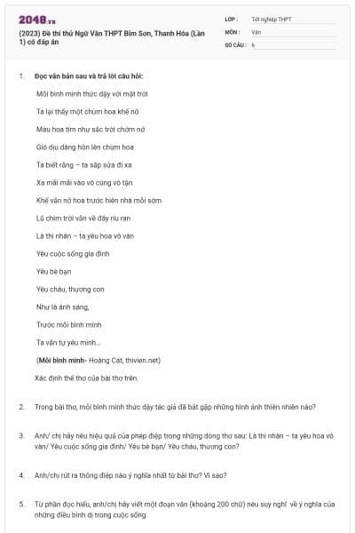 (2023) Đề thi thử Ngữ Văn THPT Bỉm Sơn, Thanh Hóa (Lần 1) có đáp án