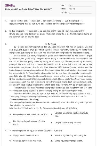 Đề thi giữa kì 1 lớp 5 môn Tiếng Việt có đáp án ( Đề 1)