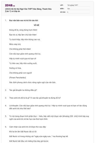 (2023) Đề thi thử Ngữ Văn THPT Đắc Bằng, Thanh Hóa (Lần 1) có đáp án
