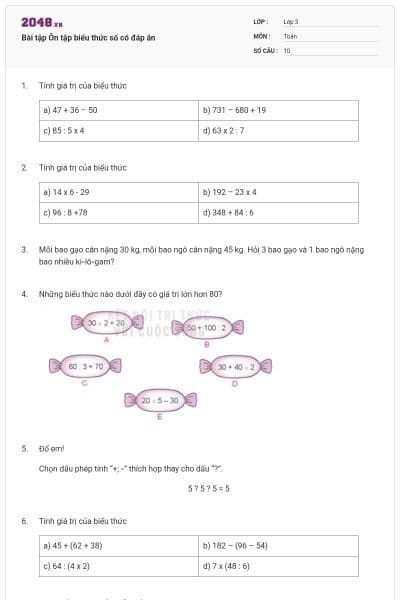 Bài tập Ôn tập biểu thức số có đáp án