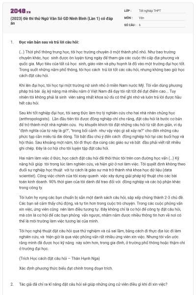 (2023) Đề thi thử Ngữ Văn Sở GD Ninh Bình (Lần 1) có đáp án