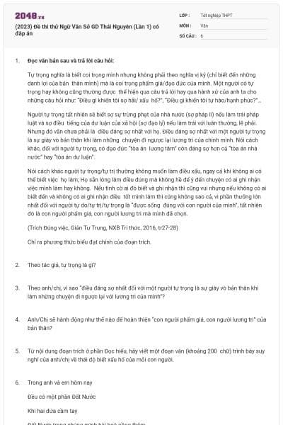 (2023) Đề thi thử Ngữ Văn Sở GD Thái Nguyên (Lần 1) có đáp án