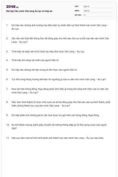 Bài tập Văn minh Văn lang Âu lạc có đáp án