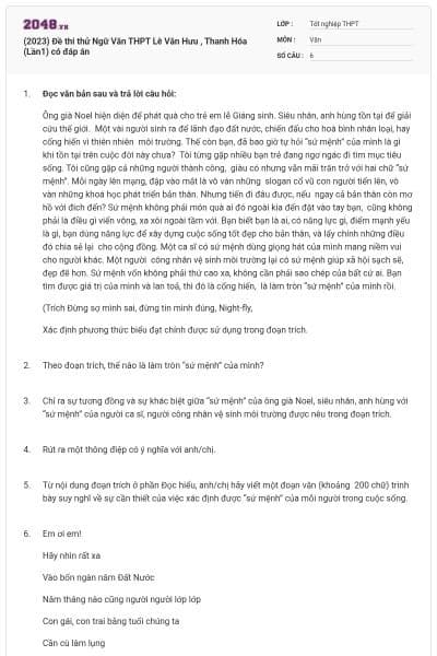 (2023) Đề thi thử Ngữ Văn THPT Lê Văn Hưu , Thanh Hóa (Lần1) có đáp án