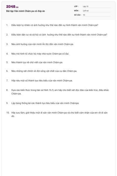 Bài tập Văn minh Chăm pa có đáp án