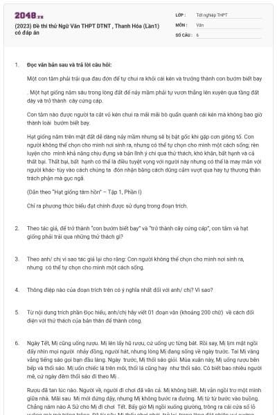 (2023) Đề thi thử Ngữ Văn THPT DTNT , Thanh Hóa (Lần1) có đáp án