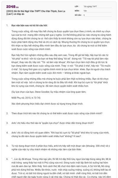 (2023) Đề thi thử Ngữ Văn THPT Chu Văn Thịnh, Sơn La (Lần1) có đáp án