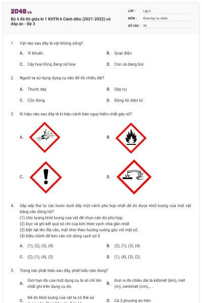 Bộ 4 đề thi giữa kì 1 KHTN 6 Cánh diều (2021-2022) có đáp án - Đề 3