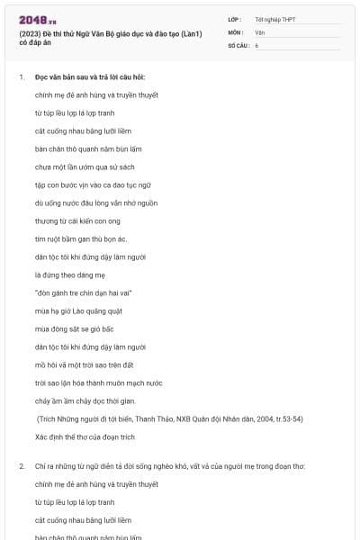 (2023) Đề thi thử Ngữ Văn Bộ giáo dục và đào tạo (Lần1) có đáp án