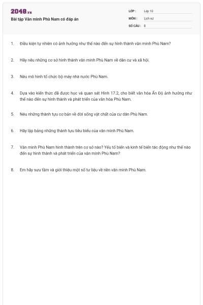 Bài tập Văn minh Phù Nam có đáp án