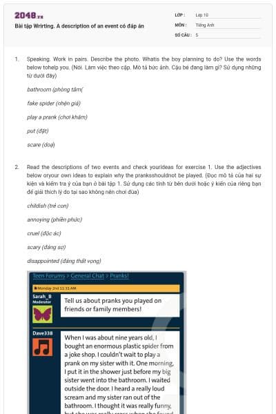 Bài tập Wrirting. A description of an event có đáp án