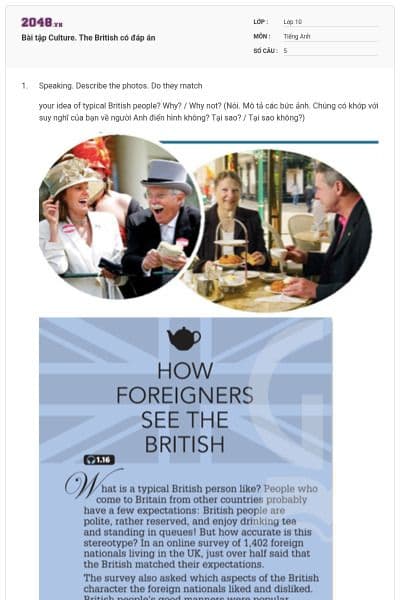 Bài tập Culture. The British có đáp án