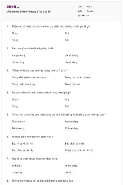 Đề kiểm tra Sinh 6 Chương 6 (có đáp án)