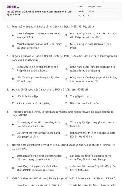 (2023) Đề thi thử Lịch sử THPT Như Xuân, Thanh Hóa (Lần 1) có đáp án