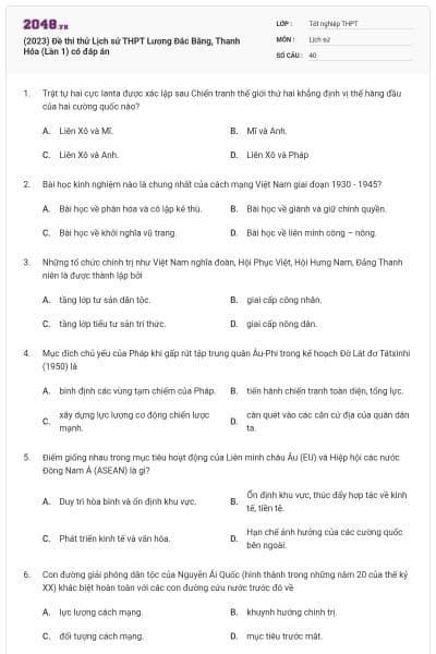 (2023) Đề thi thử Lịch sử THPT Lương Đắc Bằng, Thanh Hóa (Lần 1) có đáp án