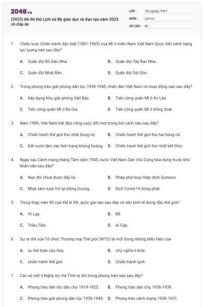 (2023) Đề thi thử Lịch sử Bộ giáo dục và đạo tạo năm 2023 có đáp án