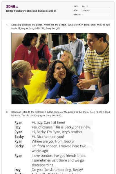 Bài tập Vocabulary: Likes and dislikes có đáp án