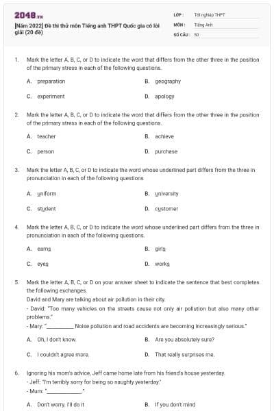 [Năm 2022] Đề thi thử môn Tiếng anh THPT Quốc gia có lời giải (20 đề)
