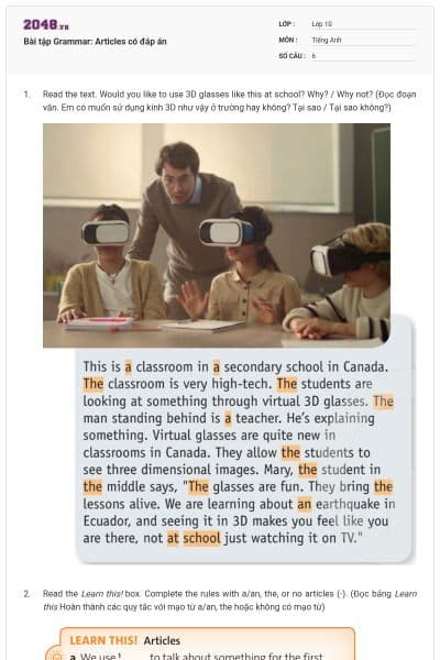 Bài tập Grammar: Articles có đáp án