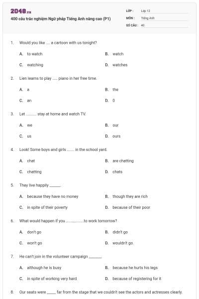 400 câu trắc nghiệm Ngữ pháp Tiếng Anh nâng cao (P1)