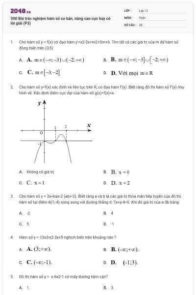 300 Bài trắc nghiệm hàm số cơ bản, nâng cao cực hay có lời giải (P3)
