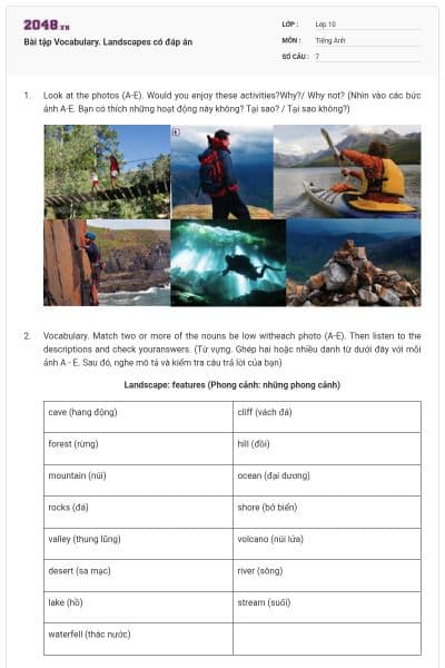 Bài tập Vocabulary. Landscapes có đáp án