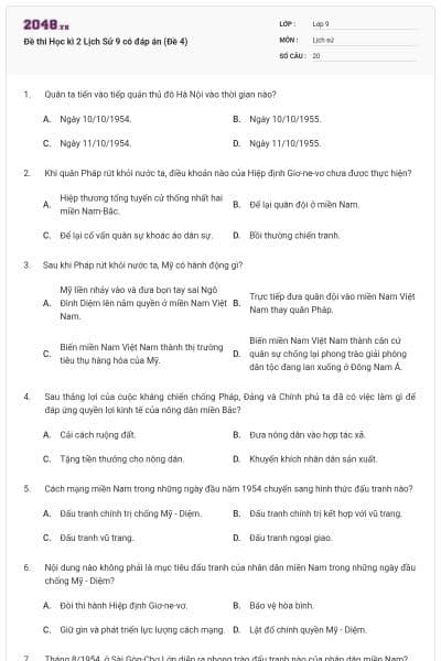 Đề thi Học kì 2 Lịch Sử 9 có đáp án (Đề 4)