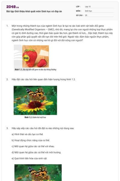 Bài tập Giới thiệu khái quát môn Sinh học có đáp án