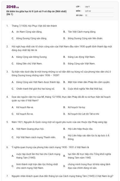 Đề kiểm tra giữa học kì II Lịch sử 9 có đáp án (Mới nhất) (Đề 1)