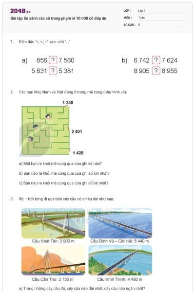 Bài tập So sánh các số trong phạm vi 10 000 có đáp án