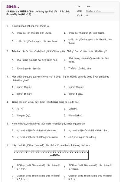 Đề kiểm tra KHTN 6 Chân trời sáng tạo Chủ đề 1: Các phép đo có đáp án (Đề số 1)