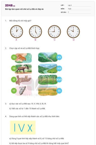 Bài tập làm quen với chữ số La Mã có đáp án