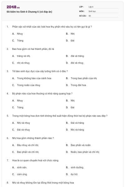 Đề kiểm tra Sinh 6 Chương 6 (có đáp án)