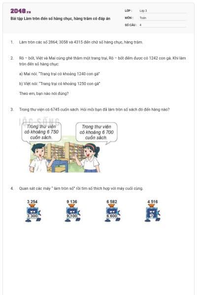 Bài tập Làm tròn đến số hàng chục, hàng trăm có đáp án